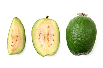Tropical fruit feijoa with slices isolated on white background. Acca sellowiana