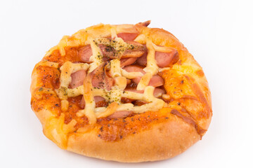 Delicious pizza with cheese hotdog  on white