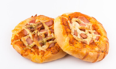 Delicious pizza with cheese hotdog  on white