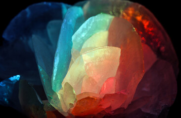 Iridescent natural transparent glossy and petal like layered geometric Calcite crystal stucture...