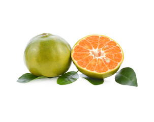 tangerine or mandarin fruit with leaves isolated on white background