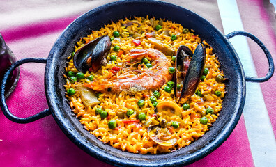 Traditional Spanish paella with seafood.
