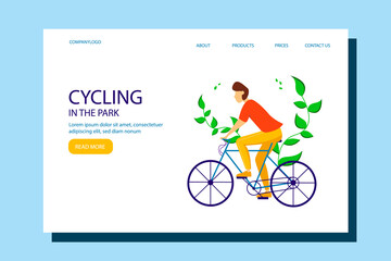 Man riding  bicycle in the park. Illustration for active lifestyle, training, cardio. Vector illustration in flat style. 