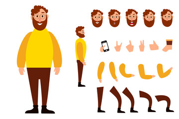 A cartoon character. A character set for your animation. A smiling man in a yellow sweater.