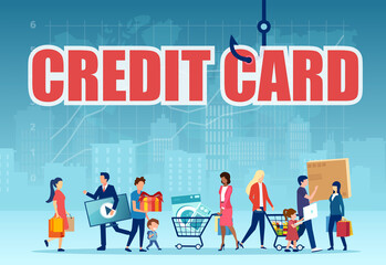 Vector of people spending money using credit card for payment