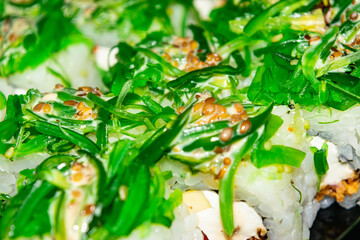 Rolls with fish, cheese and green algae. A traditional Japanese dish. Close up.