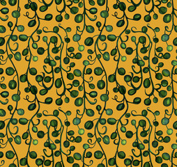 Hanging branches of grapes, watercolor painting. Seamless pattern isolated on yellow background. Botanical illustration. Design for fabric, baby room, packaging, print, wrapping paper.
