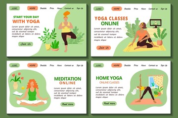 Web page templates set for online yoga and meditation site. Cute girls in tracksuits doing asanas and meditates in lotus pose. Stock modern flat illustration concept for landing page.
