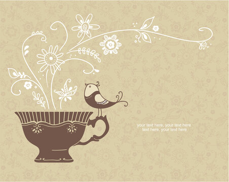 Card with cup and bird.