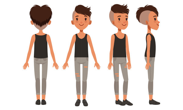 Full Length Portrait of Cute Boy Character in Fashion Clothes from Different Sides Front, Back and Side View, Cartoon Style Vector Illustration