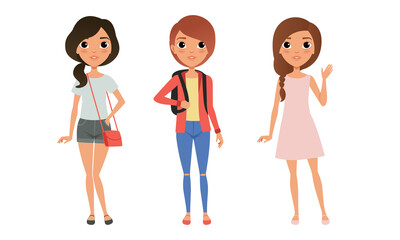 Three Girls Dressed in Trendy Clothes Standing Together, Group of Cute Teenagers Characters Cartoon Style Vector Illustration