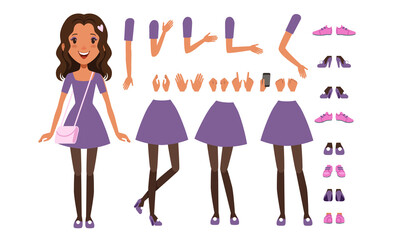 Cute Brunette Girl Constructor for Animation, Front View of Female Character in Various Poses, Separate Girl Body Parts and and Accessories Collection Cartoon Style Vector Illustration