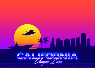 San Diego California USA Skyline Landscape Retro 80's Vector Graphic - obrazy, fototapety, plakaty