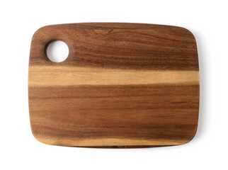 New cutting or serving board of acacia wood isolated on white background. New rectangular chopping board. Modern kitchen utensils made from natural materials.