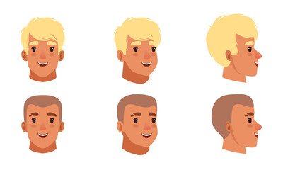 Male Heads Set, Smiling Caucasian Young Men Characters, Frontal, Profile, Three Quarter Turn View Cartoon Style Vector Illustration