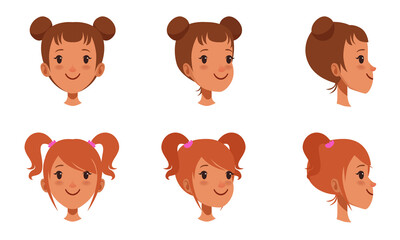 Female Heads Set, Cheerful Girls Characters with Various Hairstyles, Frontal, Profile, Three Quarter Turn View Cartoon Style Vector Illustration