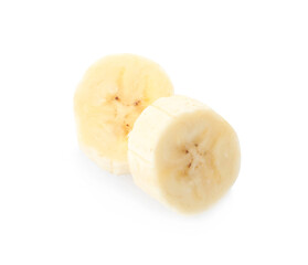Pieces of tasty ripe banana isolated on white, top view