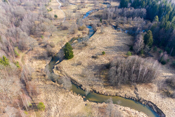 Aerial view of spring landscape river