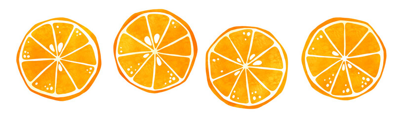 Watercolor orange fruit slice clipart set. Half citrus isolated stylized clip art, hand drawn stock illustration for design.