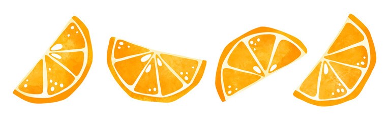 Watercolor orange fruit half slice clipart set. Quarter citrus collection isolated stylized clip art, hand drawn stock illustration for design.