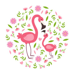 Cute Baby Flamingo and Parent, Happy Beautiful Birds Family Cartoon Vector Illustration