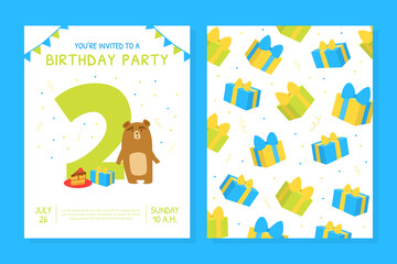 Happy Second Birthday Invitation Card Template, Birthday Anniversary Number with Cute Bear Animals, Front and Back Sides Cartoon Style Vector Illustration