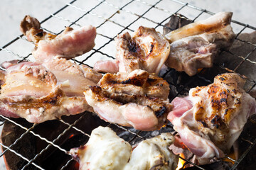 Grilled pork on the grill selected focus