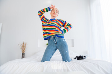 Miss you. Photo of young pretty teasing flirty lady quarantine stay home video call talk boyfriend...