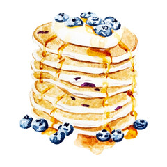 watercolor pancakes with yogurt and blueberries