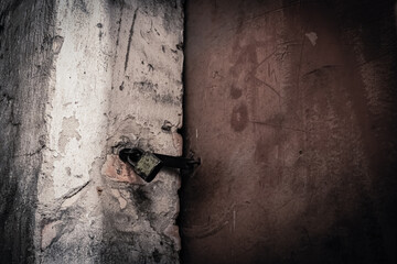 A padlock in the door in the old dark basement