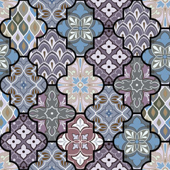 Colorful floral seamless hand drawn ornamental east pattern in patchwork boho chic style with lattice, in portuguese and moroccan motif