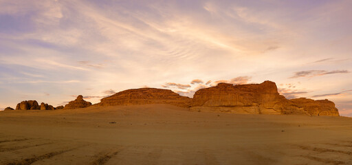Fototapeta na wymiar Outcrop geological formations at sunset near Al Ula in Saudi Arabia