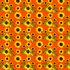 Big sunflowers on an orange background, happy summer pattern