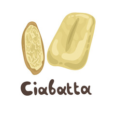 Fototapeta premium Italian Ciabatta illustration isolated on white background. Ciabatta icon concept in modern style. Whole bread and a slice. Soft freshly baked tasty sandwich bread