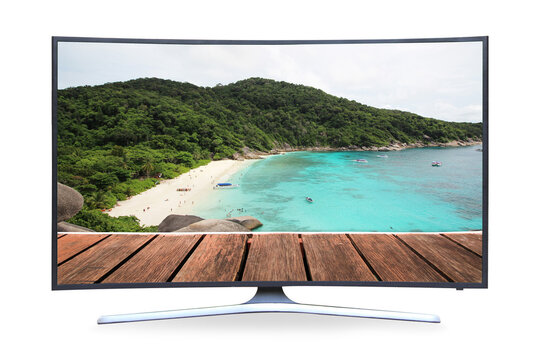 Curved TV 4K flat screen lcd or oled, plasma realistic, White blank HD monitor mockup, Modern video panel white flatscreen on isolated white background. with picture nature landscape.