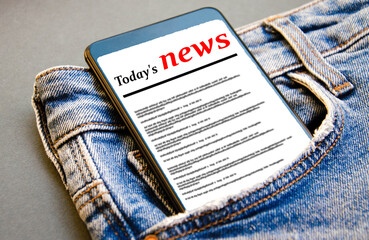 White screen smartphone in jeans pocket. Smartphone place for text. Smartphone in a pocket on a...