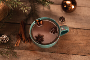Sweet hot chocolate in mug. Christmas drink with marshmallow. Selective focus. Shallow depth of field.