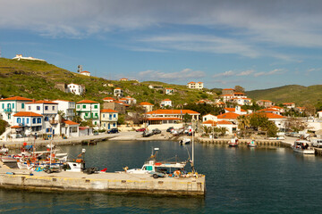 Fototapeta na wymiar The port of the isolated island of Aghios Efstratios (Ai Stratis) in Northern Aegean, Greece.