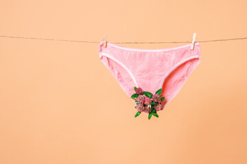 Woman's lingerie with flowers on clothesline on beige background, content for feminist blog, poster about women's health