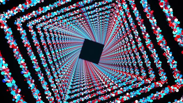 Square rings of colorful sequins form an endless tunnel, computer generated. 3d rendering of bright shiny background