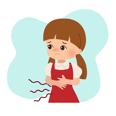 Obraz premium A girl feeling hungry or stomachache. Stomach problem, pain, sickness. Flat vector design isolated on white background.