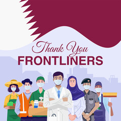 Fototapeta na wymiar Thank you frontliners. Various occupations people standing with flag of Qatar. Vector