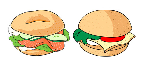 Set of Hot burger with chees, tomato and lettuceBagel with cucumber, salmon, cream cheese. Hand drawn illustration isolated on white background. Vector