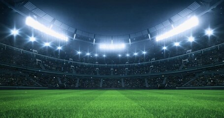 Sports Video background with a stadium full of spectators, grass pitch and with spotlights on. Sport building 4k loop animation. - Powered by Adobe
