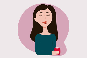 Cute vector image of a young girl with closed eyes. A cup of hot drink. Good morning. Vector illustration.
