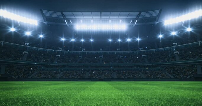 Sports Video background with a stadium full of fans, grass pitch and with spotlights on. Sport building 4k loop animation.