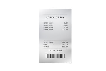Realistic paper receipt, check and payment bill printed on rolled and curved thermal paper. Vector receipt and purchase bill