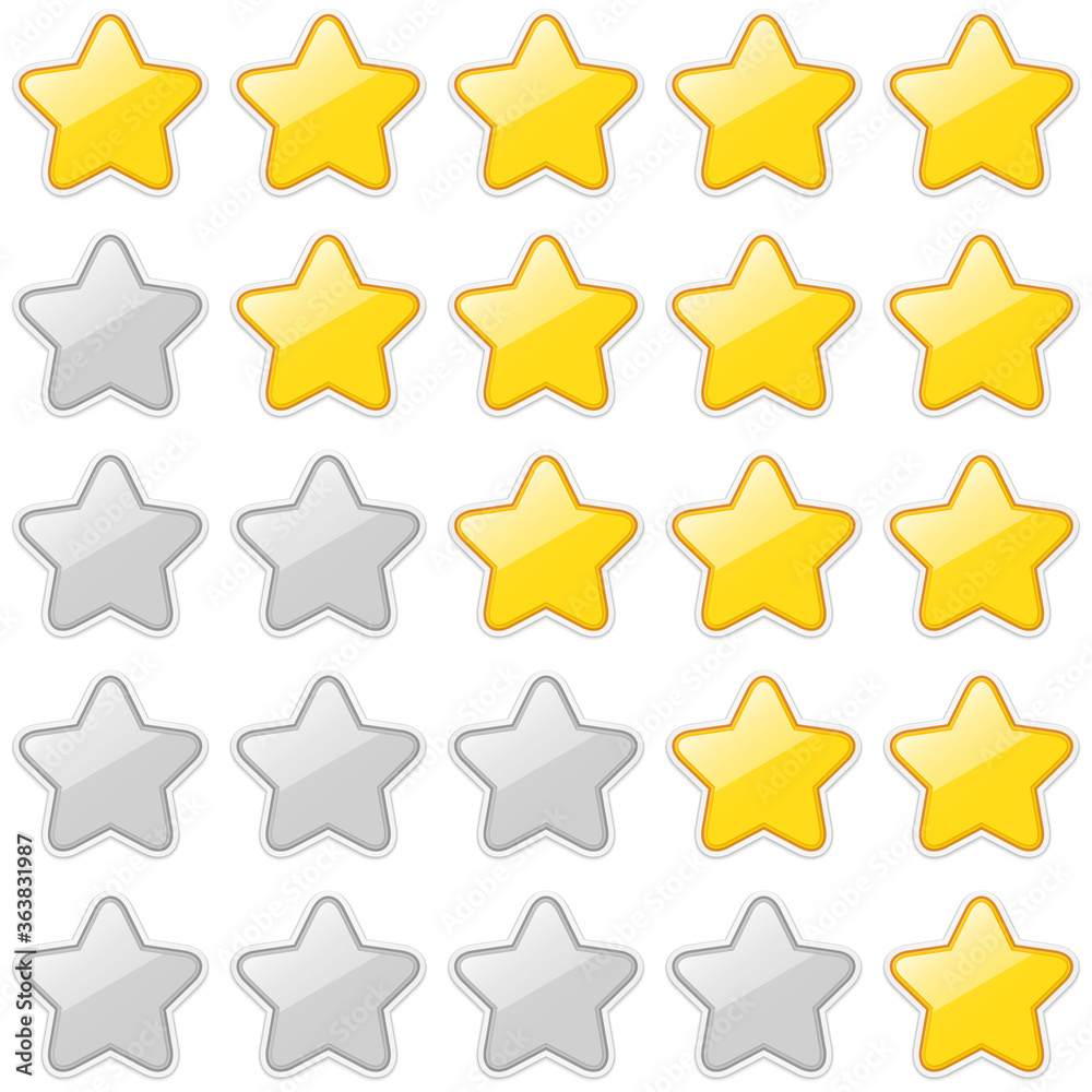 Poster Set of 5 glossy star rating sticker icons isolated on a white background. EPS10 vector file