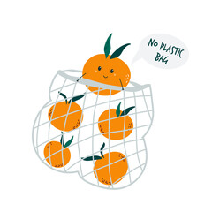 Funny mandarin character in reusable mesh shopping bag.