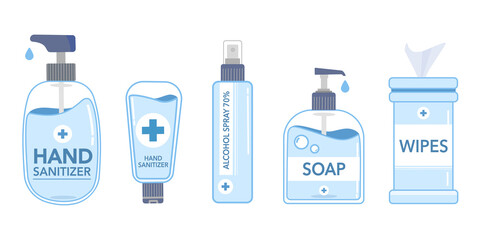 Set of hand sanitizer, alcohol spray, liquid soap and wet wipes. Personal protective against Coronavirus or Covid19, viruses, bacteria. Disinfection and Hand hygiene. Vector illustration